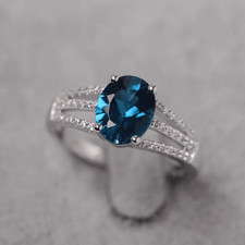 925 Sterling Silver London Blue Topaz Women Ring Natural Gemstone Statement Ring