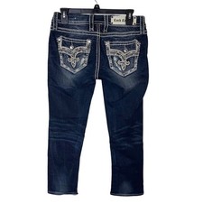Rock Revival Meri Crop Dark Wash Jeans Women's 26 Fleur De Lis Rhinestone Denim