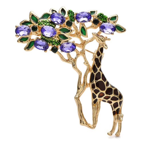 Crystal Rhinestone Giraffe Brooch Animal Gold Flower Pin Spring Jewelry Gift