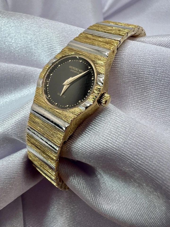  Reloj para mujer Raymond Weil chapado en oro 18k cuarzo suizo esfera negra 8022 Foto 3 de 4