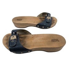 VTG Dr. Scholl's Original Wood Sandals 8 Navy Blue Leather Excercise Slides Y2K