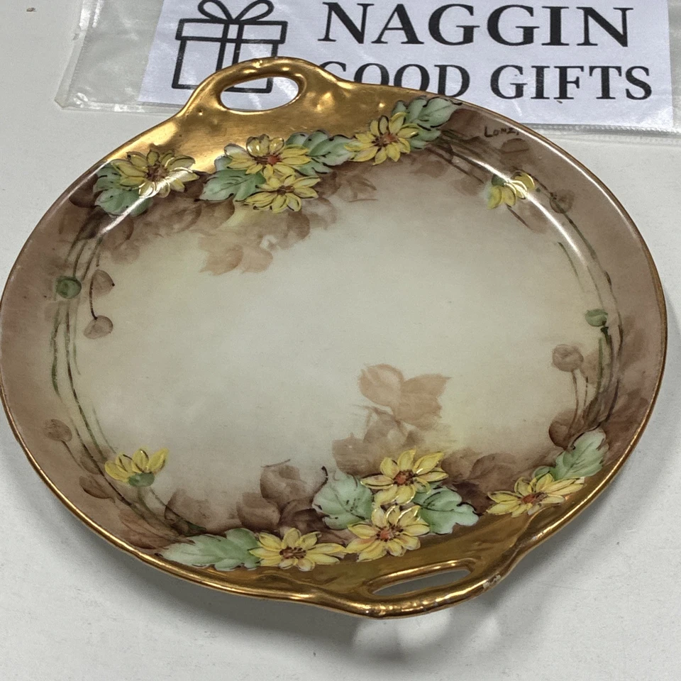 手绘巴伐利亚橱柜板签名 Lunz 黄色花卉珐琅古董 — 第 3/4 张图片