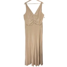 Talbots VTG 100% Silk Satin Beige Long Maxi Dress Trail Size 20 Ruched V neck