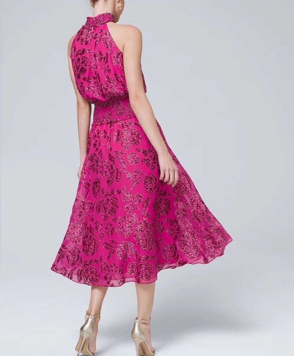 white house black market pink floral dress NWT Burnout Smock-Neck Midi CHOOSE SZ Embroidery Womens Summer Cotton Linen *hasen* while the pleated skirt Color:Redwood