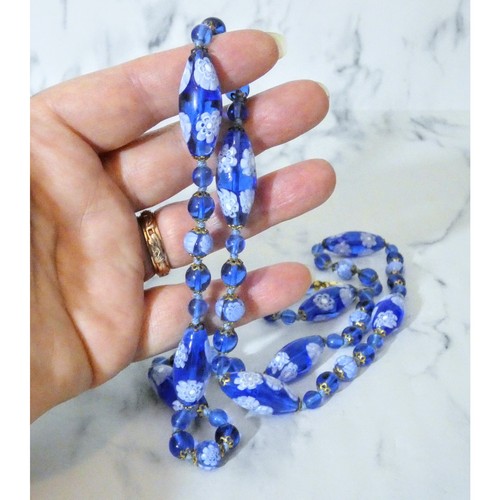 Vintage Murano Millefiori Necklace Italian Glass Beads Blue White Jewellery - Picture 5 of 8
