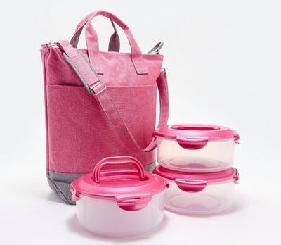 LocknLock Insulated Tote w/ 3-pc Food Storage Set with lids K90767 BERRY NEW