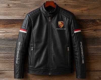 Black Porsche Leather Jacket for Men | Racing Style Biker Jacket | Premium Coat