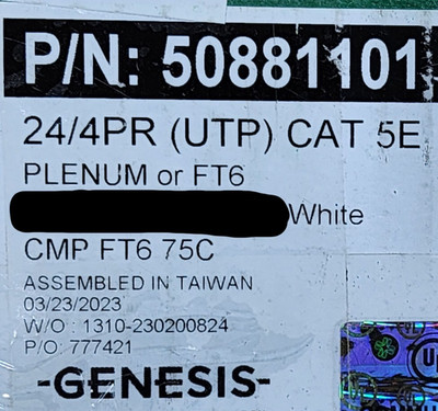 Southwire Genesis 5088 24/4P CAT5E LAN UTP Networking Cable Plenum White /100ft