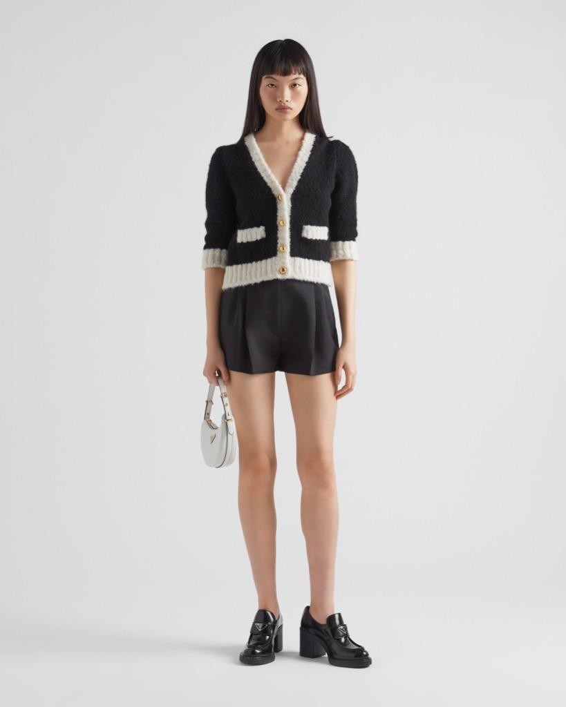 PRADA Black/Soft White Cashmere and Silk Cardigan Sweater 36/US 0