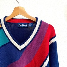 Vintage Par Four Mens Golf Sweater V-Neck Intarsia Knit Navy Blue Medium grandpa
