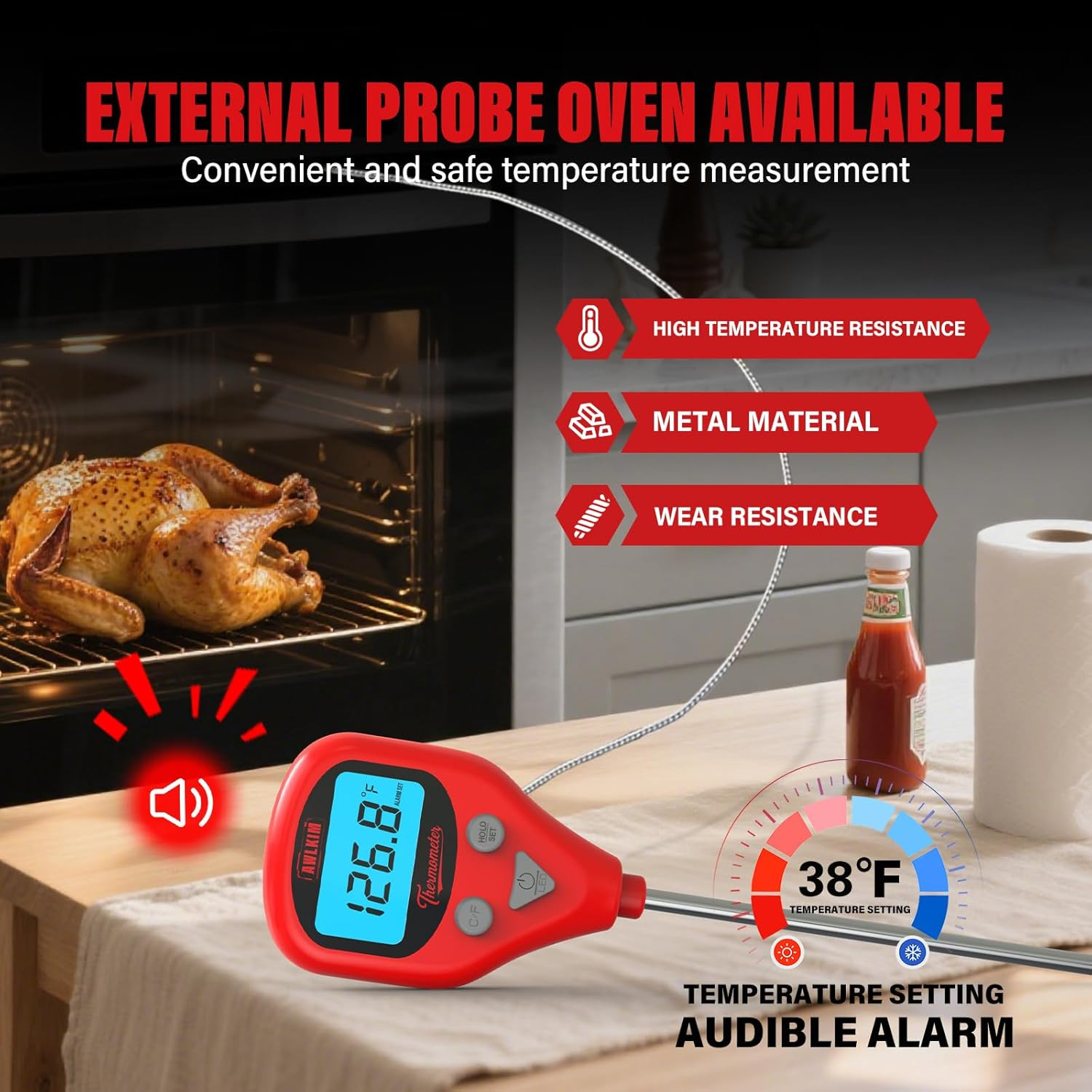 Rechargeable Digital Meat Thermometer with 3.3ft External Probe, Warning Alert,