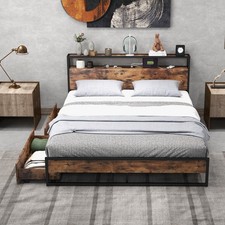 Queen Industrial Platform Bed Frame w/ Drawer Storage Headboard Charging Station