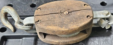 Antique Maritime Wooden & Steel Pulley with Metal Hook and Sheave Original