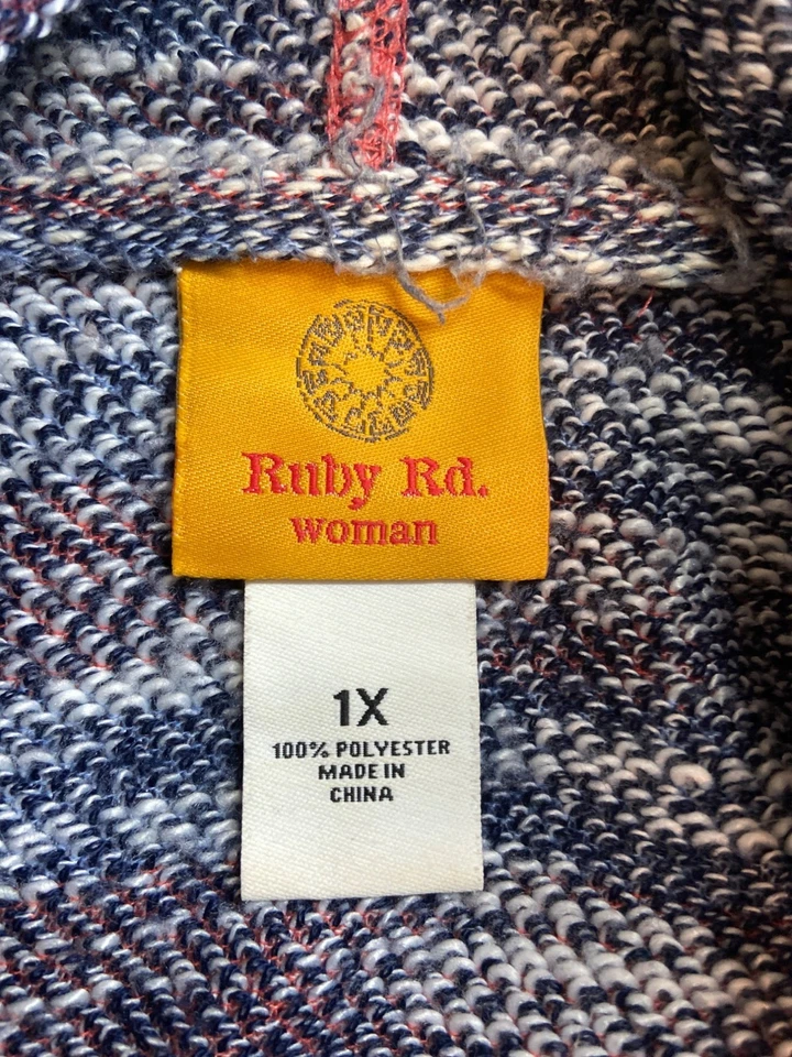 Ruby Rd. Woman 1X Striped Hoodie Jacket Coral Blue Textured Zip Up Boho Cozy - Image 3 of 4