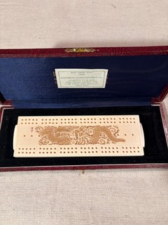 Antique Cribbage Board in Original Box w/ Pegs Japan Dragon Great Condition