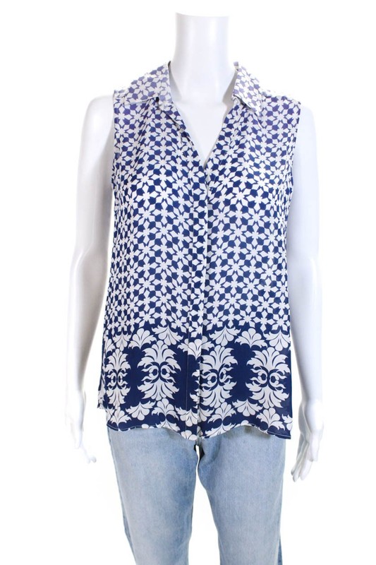 Tangerine Womens Paisley Sleeveless Collared Buttoned Blouse Blue White Size S