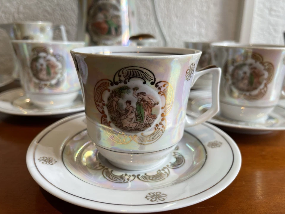 Jlmenau DDR Kaffeeservice Teeservice 6 Personen Perlmutt mit Motiven Barock Rar - Bild 3 von 4