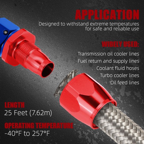 J2 8AN Nylon Stainless Steel Braided Oil Fuel Line Hose End Fitting Kit 25FT - Picture 3 of 6