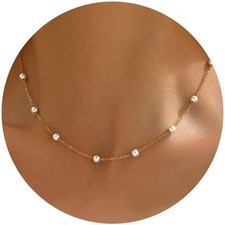 Dainty Pearl Choker Necklace for Women 18K Gold Plated Pearl Beaded Chain Neckla