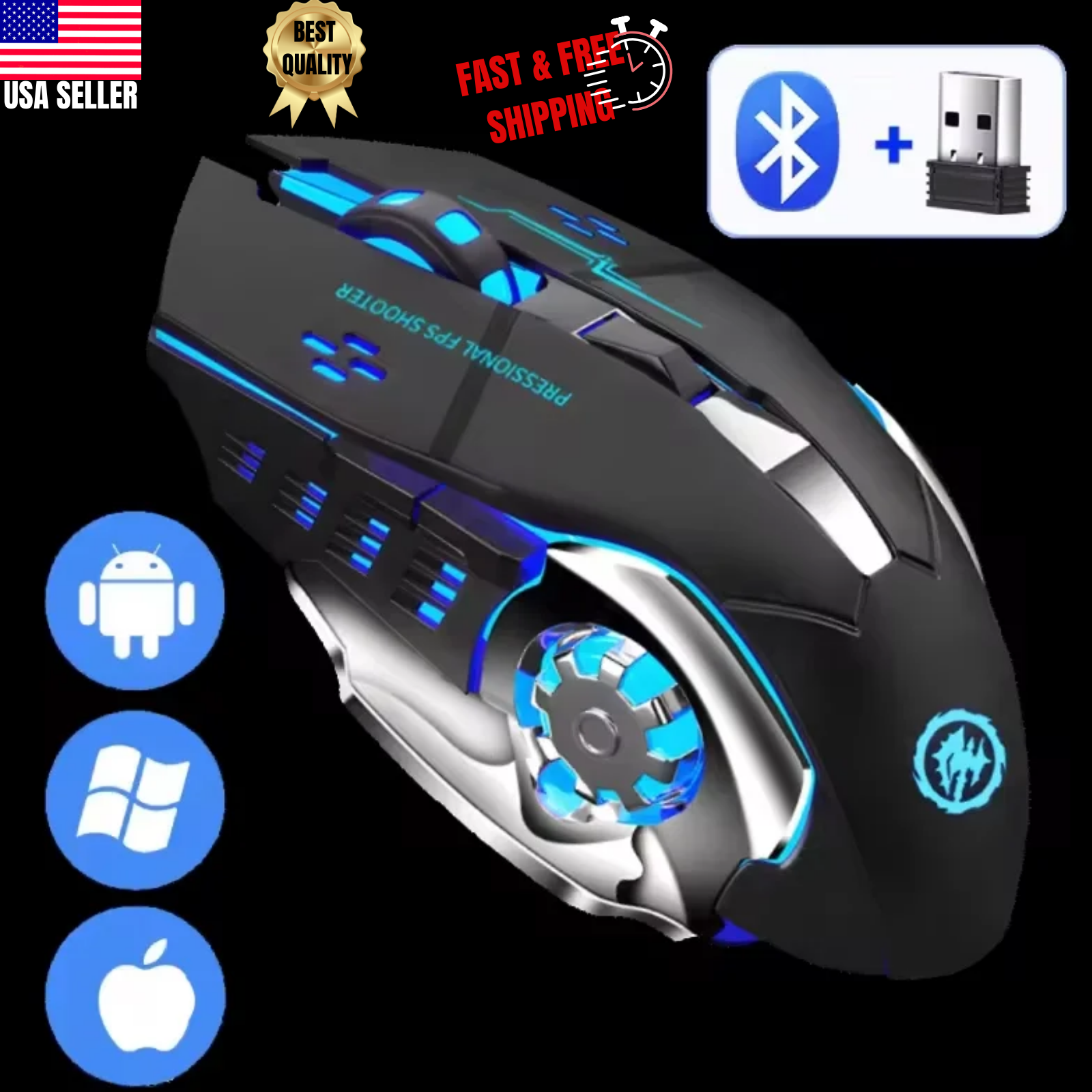 Wireless Black LED DPI 2.4GHz Gaming Mouse with 6 Buttons for PC Laptop