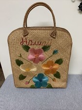 Vintage Large Woven Rattan Hawaii Embroidered Floral Souvenir Bag/Purse w/Caster