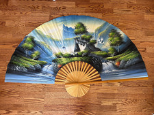 Vintage Large 35" x 60" Hand Painted Oriental Asian Wall Fan - Bamboo - Cranes