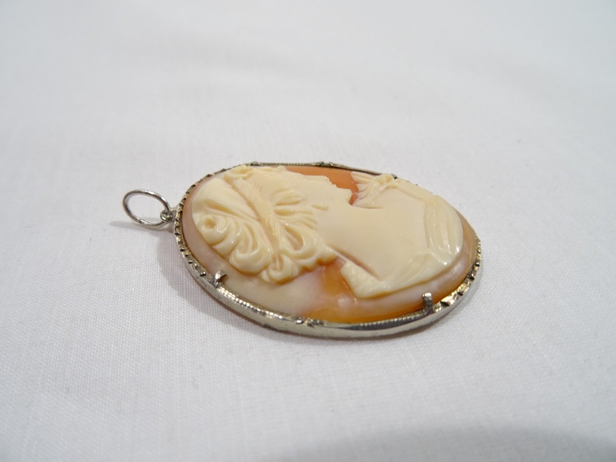Pendentif Camée Ancien En Argent Sterling - Médaillon Ovale Coquillage - Très Bon état