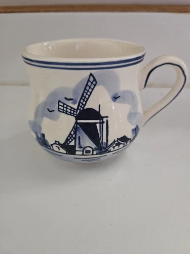 Vintage Delft Mug Coffee Cup  Blue Windmill Dutch Flower Hand Painted D.A.L.C.