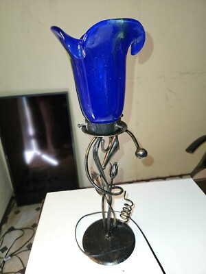 Art Deco Stl Handmade Wrought Iron Table Lamp  Blown Glass Shades  Dark blue