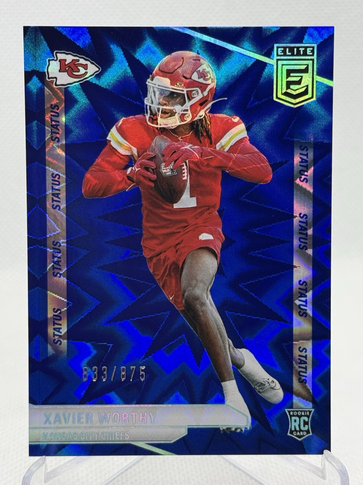 Xavier Worthy 2024 Panini Donruss Elite Status Blue Explosion RC SP 833/875