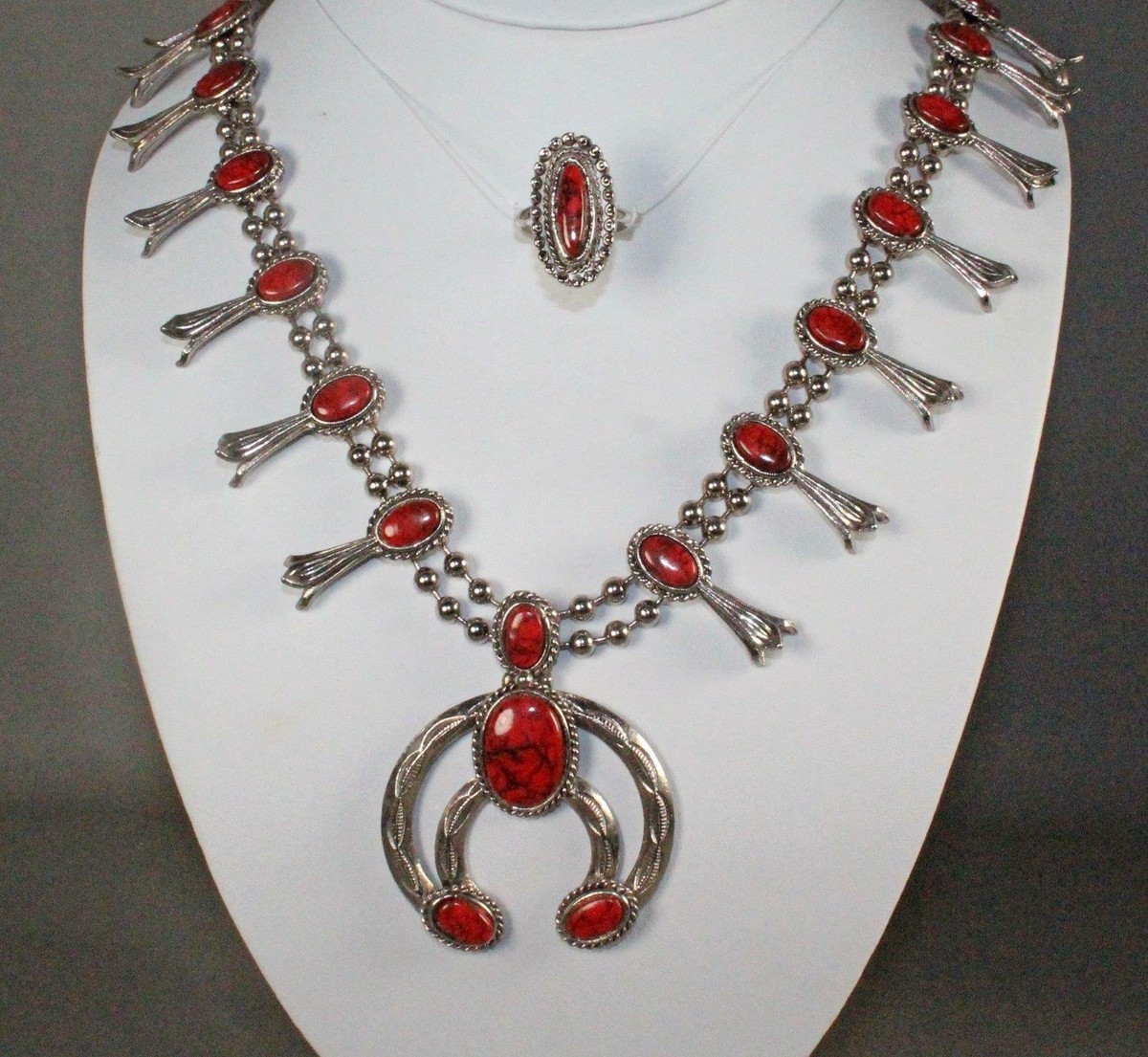 VTG Goldette Squash Blossom Faux Red Coral Necklace Adj Matching