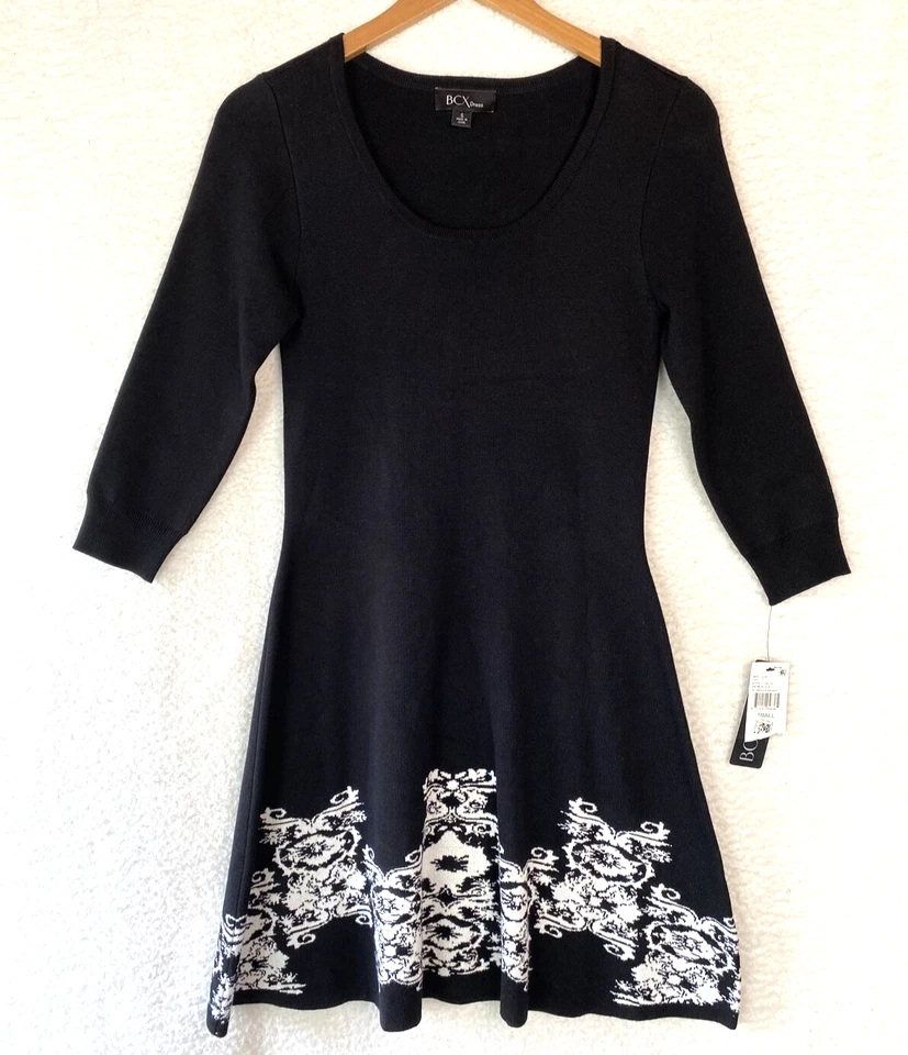 Vestido Suéter BCX Para Mujer Calce Pequeño y Acampanado Negro Blanco Elástico Oficina Trabajo Foto 3 de 4