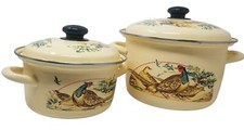 Vintage Yellow Enamel Pots -Floral Bird Images - 2