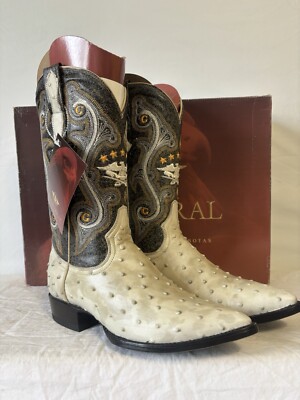 El General Cowboy Boots Brown/Ivory Leather Spot Design Ostrich Skin Mens Sz 6.5
