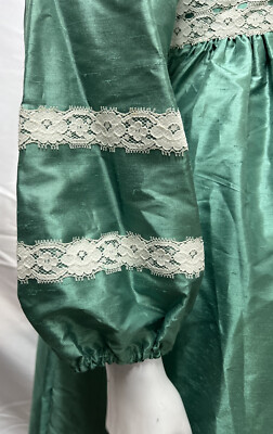 Vintage Handmade Rough Spun Silk Green Long Sleeve Cream Lace Pleated Midi  Dress | eBay