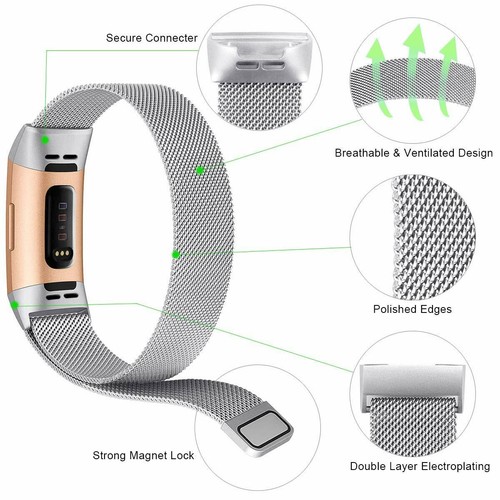 2pcs Milanese Band Metal Stainless Steel Magnet Strap For Fitbit Charge 3 / 4 - Picture 7 of 10