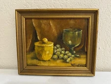 Vintage 1967 Signed Vaughan Primitive Style Still Life Painting on Board