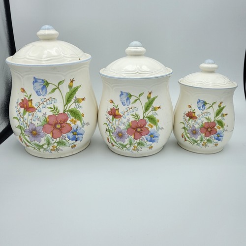 VTG Kitchen Made Japan Containers Set Lot 3 Ceramic Teal Aqua Floral Flaws Chips - Picture 2 of 19