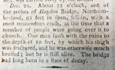 Haydon Bridge COLLAPSE  Northumberland   MAD DOG BOND ST  x1  abstract page 1806