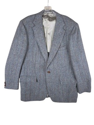 VTG Harris Tweed Stanley Blacker Mens 44R Sport Coat Blazer Wool Grey Blue