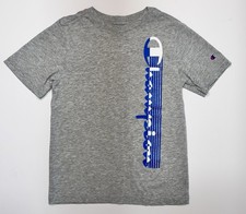 Champion Boys 7/8 Gray Graphic T Shirt Blue Vertical Logo Athletic Tee