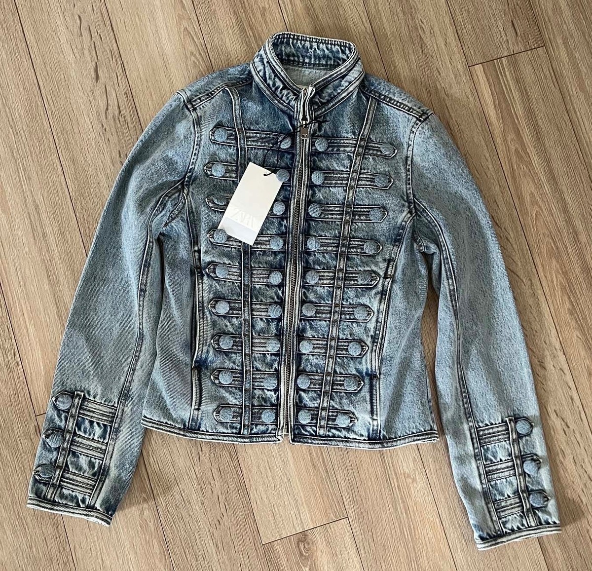 ZARA NEW WOMAN ARMY HUSSAR ZW FITTED BUTTON DENIM JACKET LT BLUE