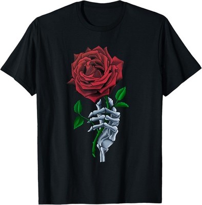Skeleton Hand Holding Stem Flower Graphic Design Red Rose T-Shirt