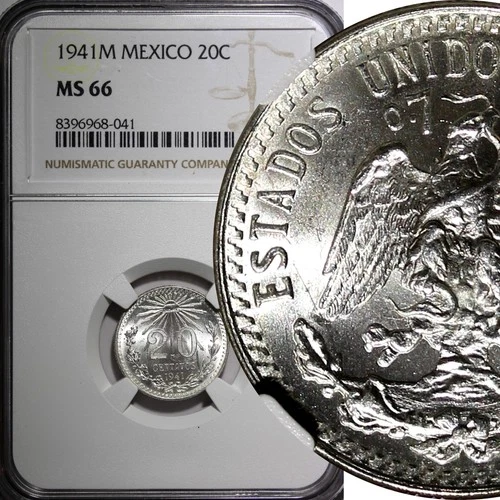 MEXICO Silver 1941 M 20 Centavos Radiant Liberty cap NGC MS66 GEM BU KM# 438 (1)