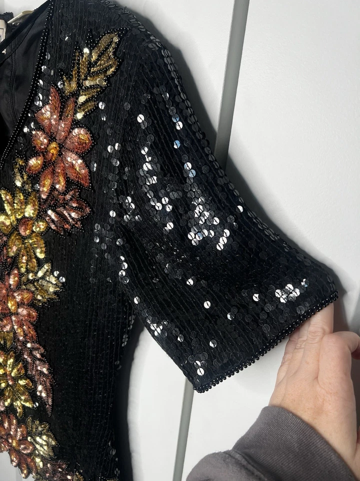 Stenay Vintage Black Sequin Floral Fall 100% Silk Blouse Women's Size Small - Image 2 of 4