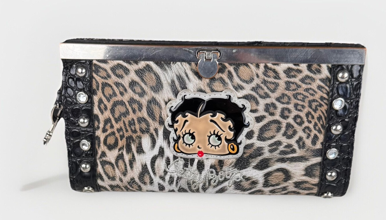 Betty Boop Leopard Print Studded Wristlet Clutch with Wallet