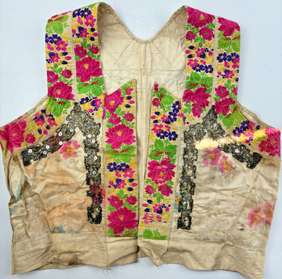 Antique Folk Costume Embroidered Vest Floral Waistcoat Metallic Lace, Hand Paint