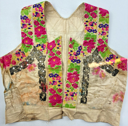 Antique Folk Costume Embroidered Vest Floral Waistcoat Metallic Lace, Hand Paint