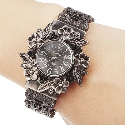 Reloj pulsera vintage mujer patrón grabado 3D cuarzo regalo elegante color negro