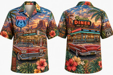 Route 66 Hawaiian Shirt Classic Car Retro Diner Aloha Shirt